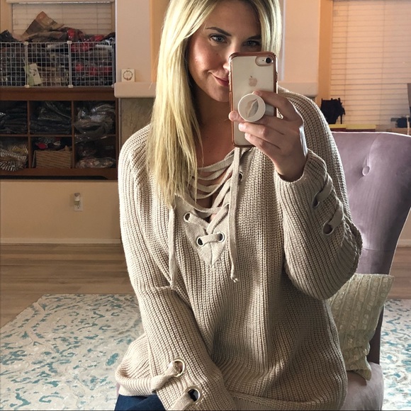 Last 1! Medium lace up sweater - tan - Picture 2 of 5